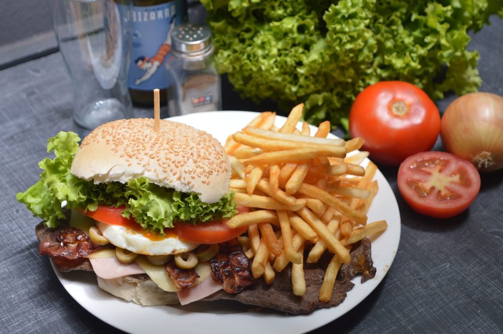 burger, french fries, potato chips